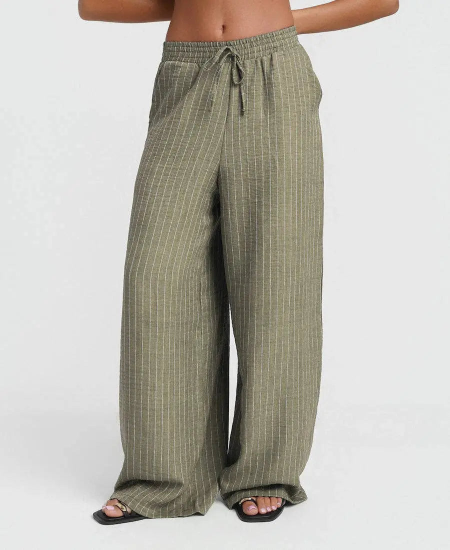 Khaki Stripe Wide Leg Trousers: M Needs No Label