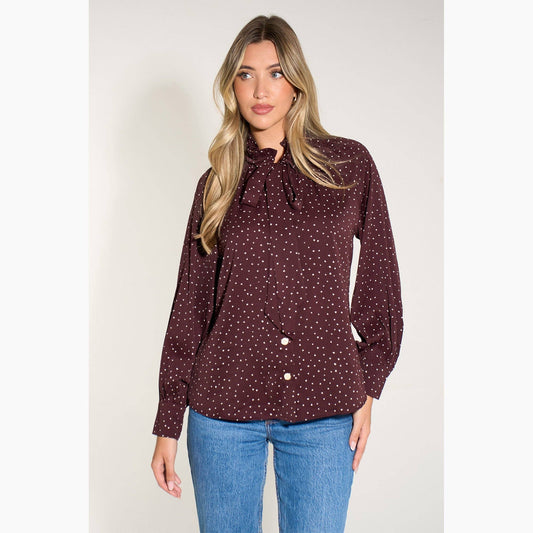 Silk Feel Heart Print Tie Neck Blouse in Berry