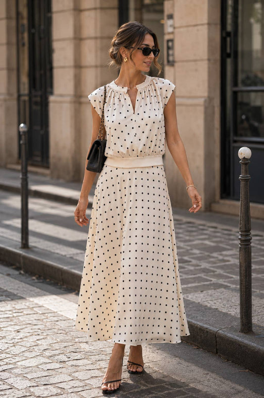 Crop top & skirt set. Ecru with black polka dots