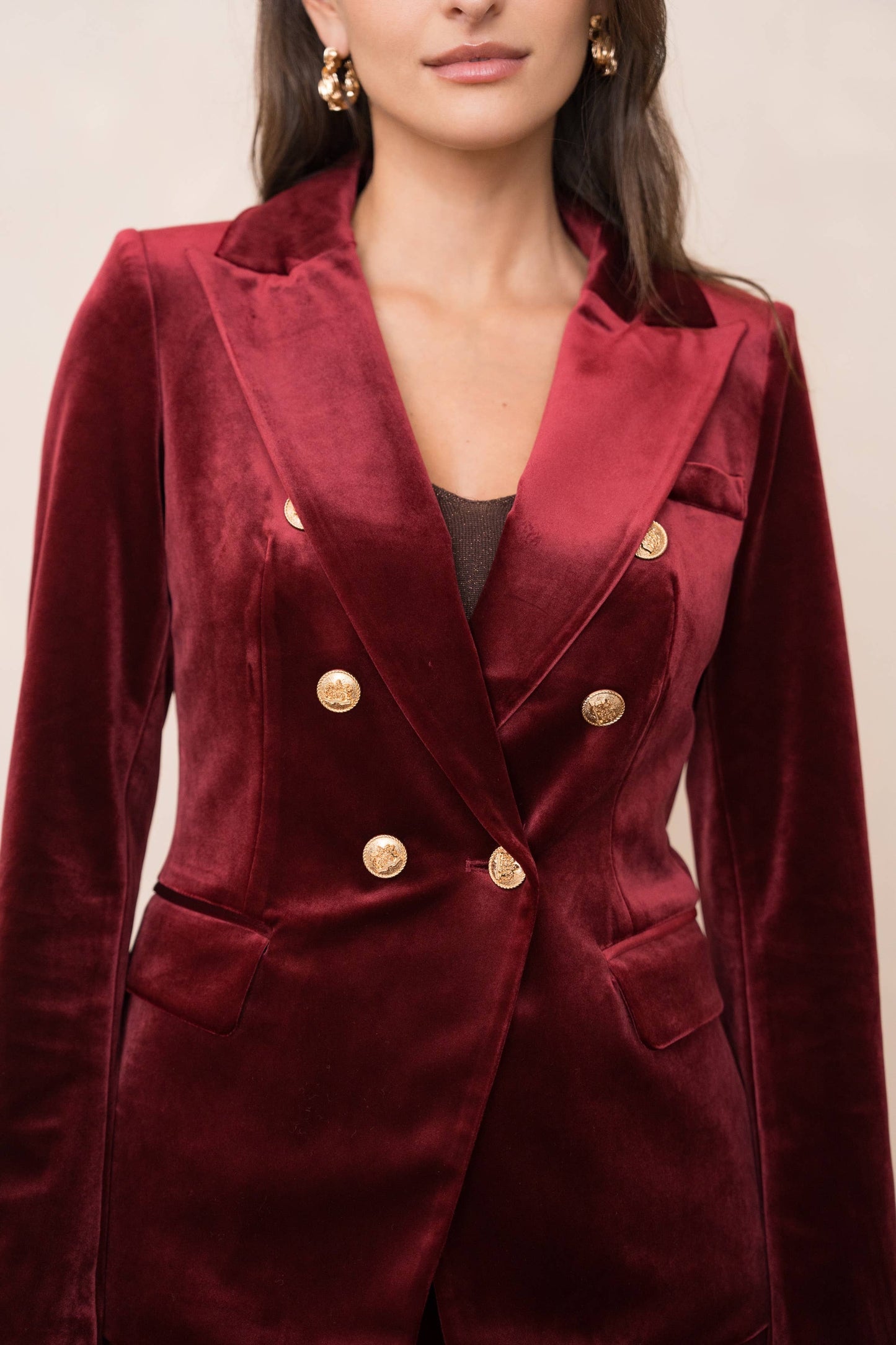 Double-breasted velvet blazer with gold buttons - Chocolate Brown