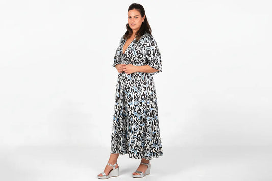 Abstract Ikat Print V-Neck Shirred Maxi Dress in Blue The Style Closet