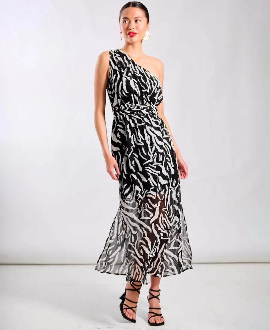 Black Animal One Shoulder Midi Dress The Style Closet