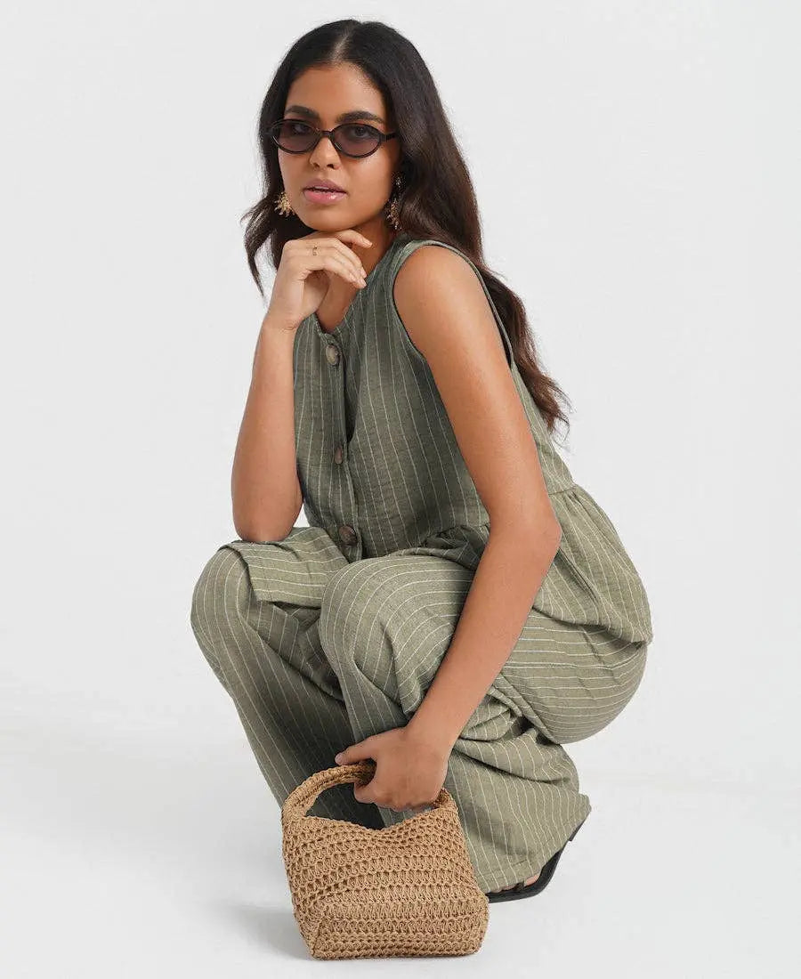Khaki Stripe Wide Leg Trousers: L Needs No Label