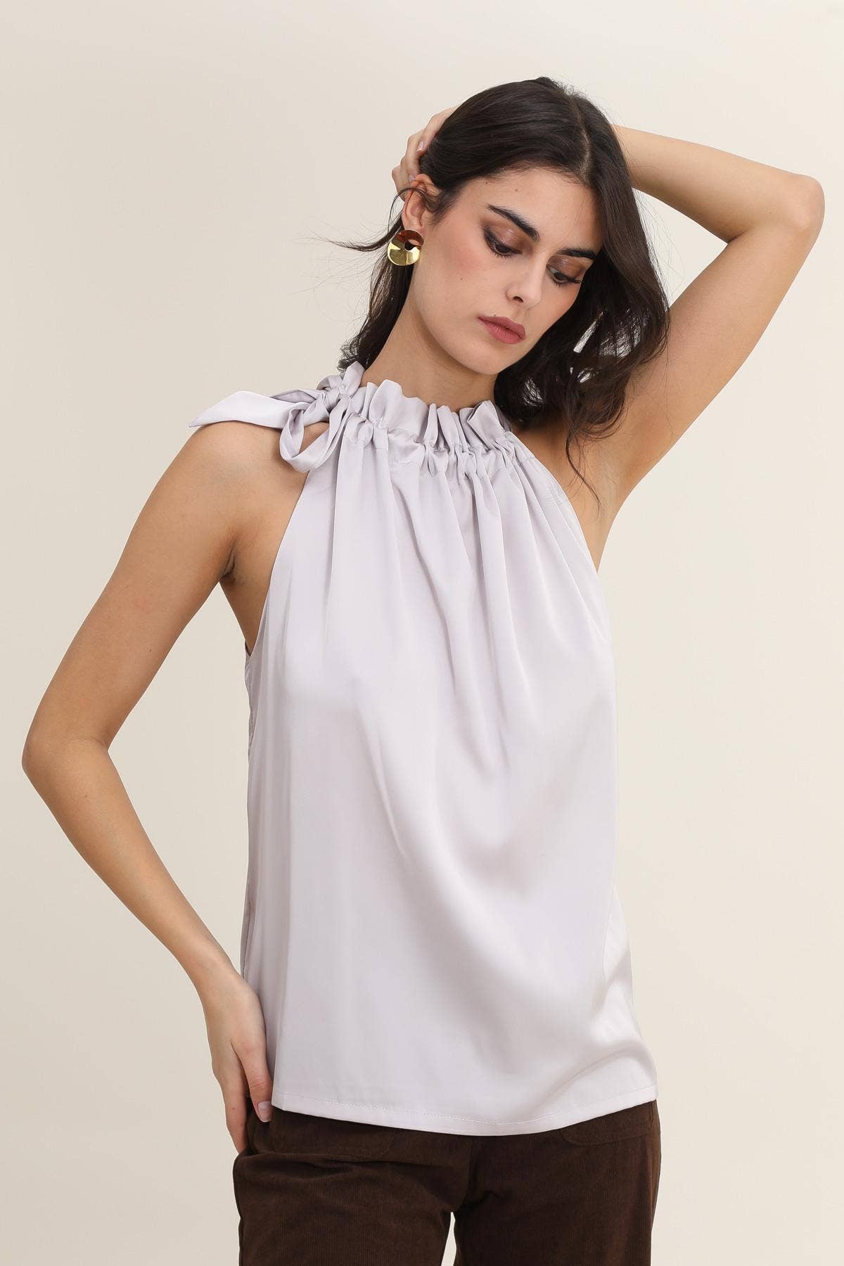 Satin Elisabeth top with bow at the collar - CHOCOLATE BROWN /KHAKI/IVORY