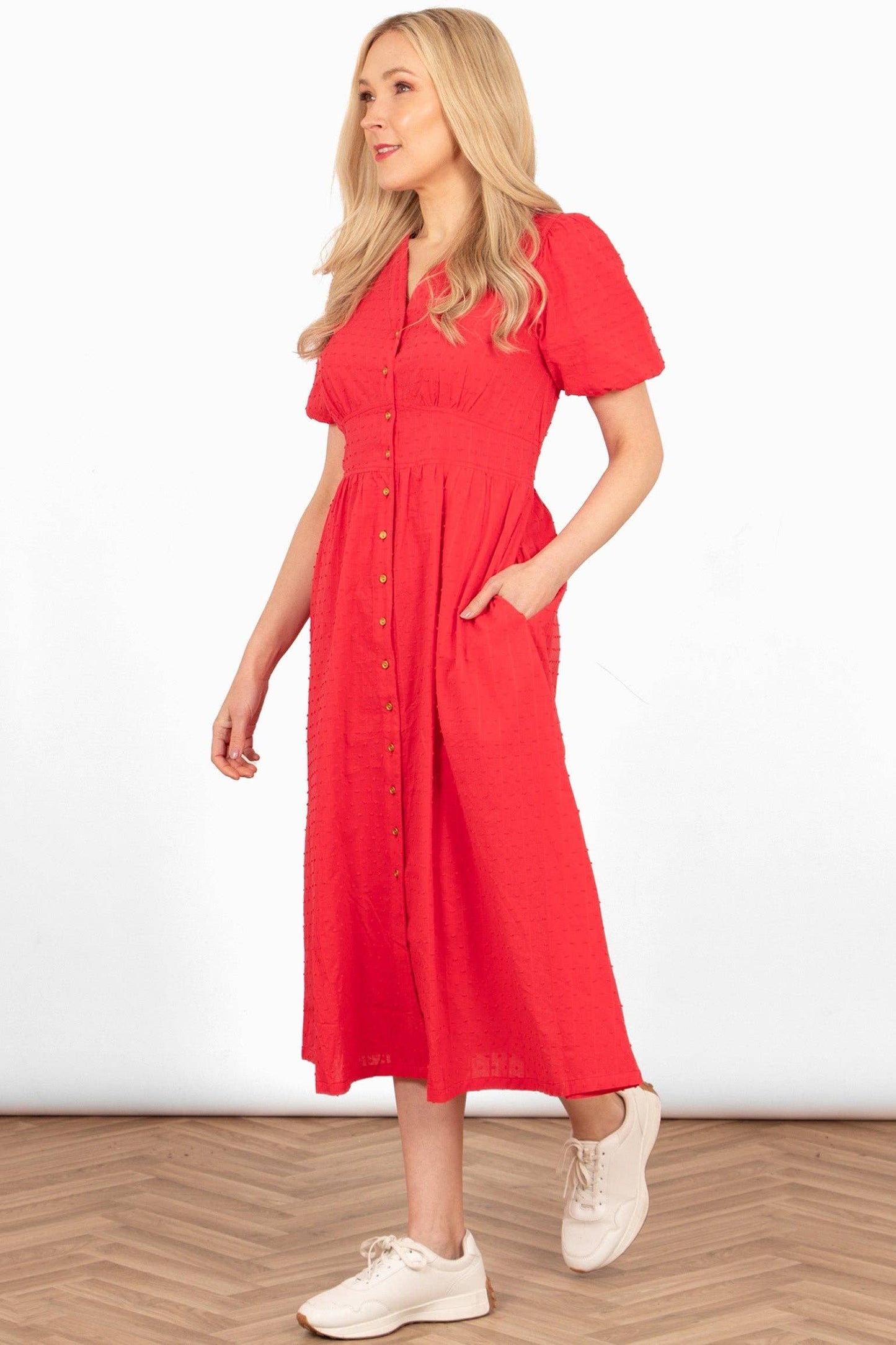 Poppy Cotton Button Down Midi Tea Dress - Red