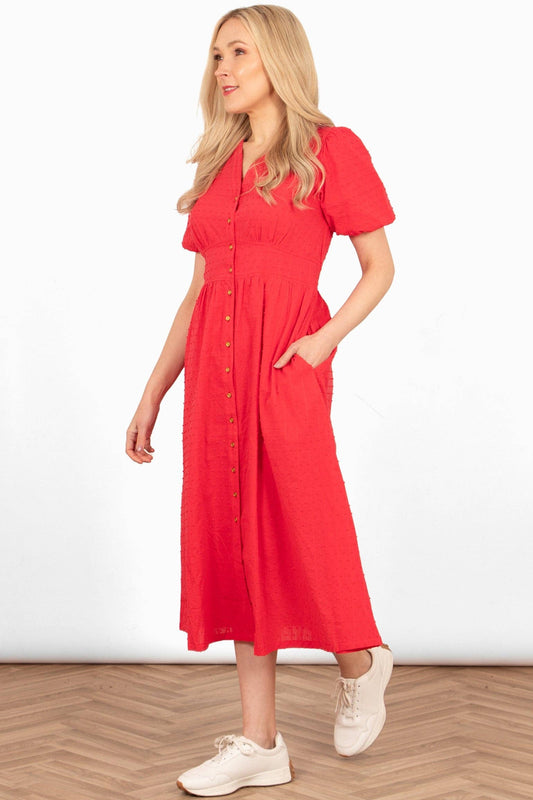 Poppy Cotton Button Down Midi Tea Dress - Red
