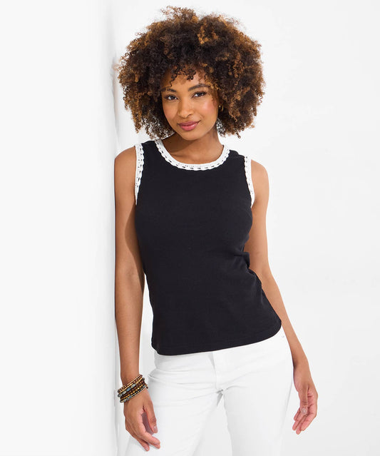 Camille Crochet Trim Ribbed Vest: Black