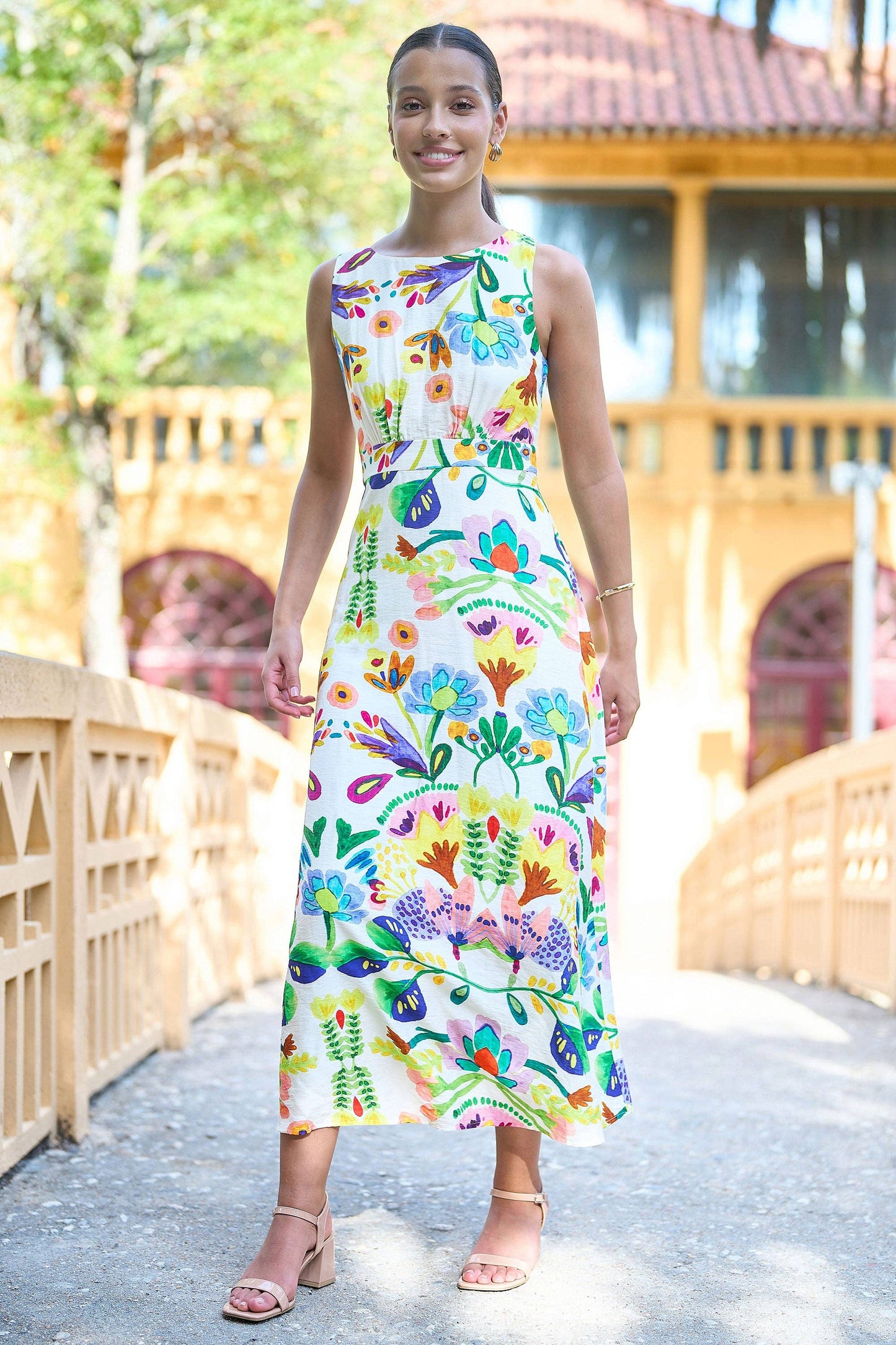 Multicolour Abstract Flower Maxi Dress With Tie Back