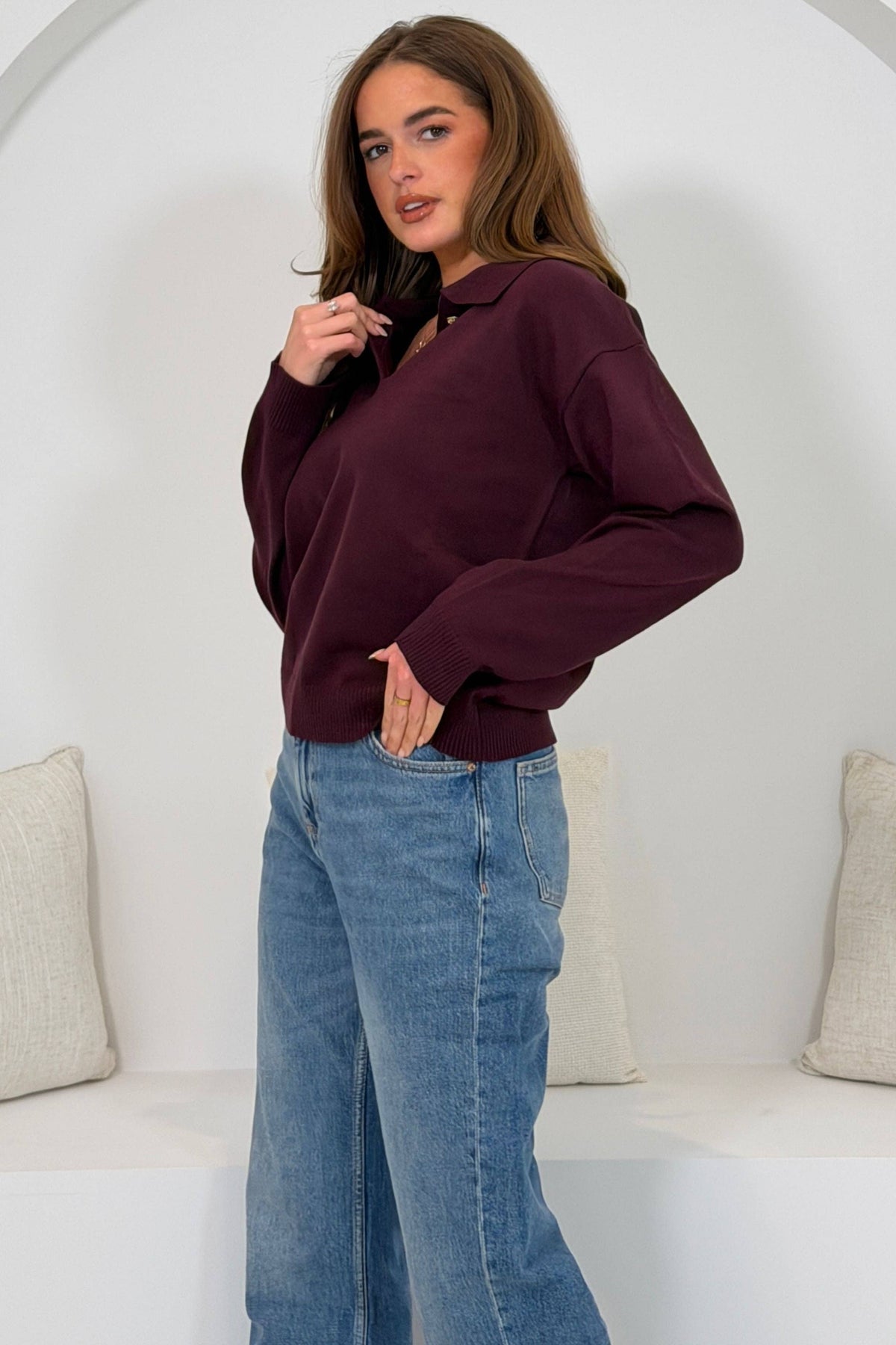 Harley Knit Collar detail long Sleeve Top Wine