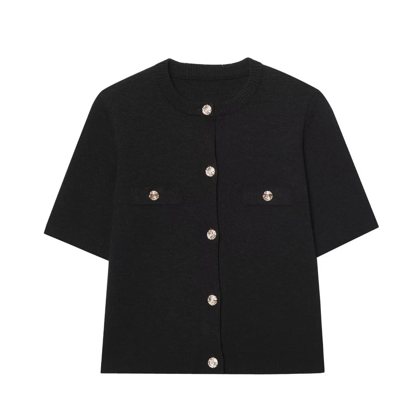 Short Sleeve Knit Top with Gold Button Accents: Black The Style Closet