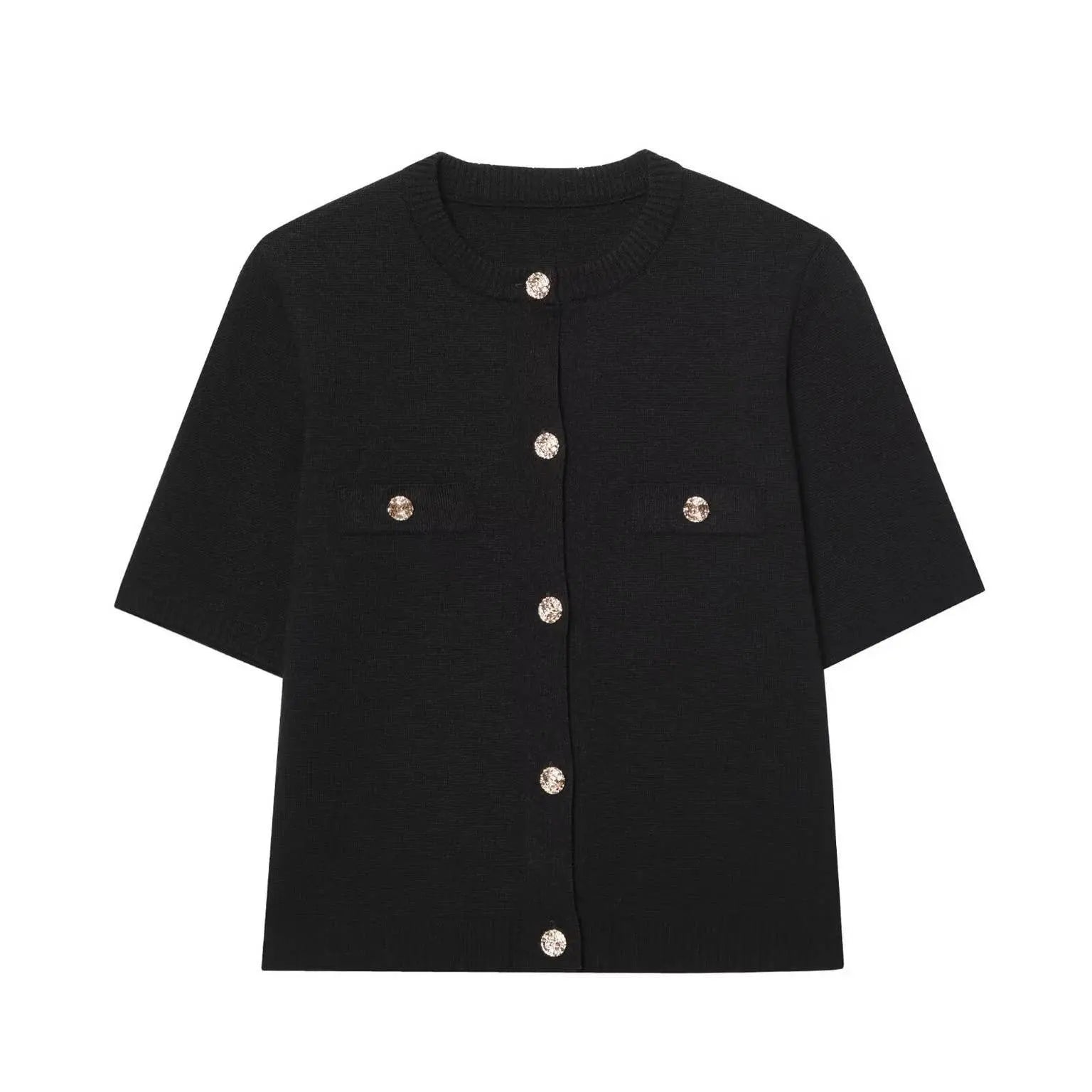 Short Sleeve Knit Top with Gold Button Accents: Black The Style Closet