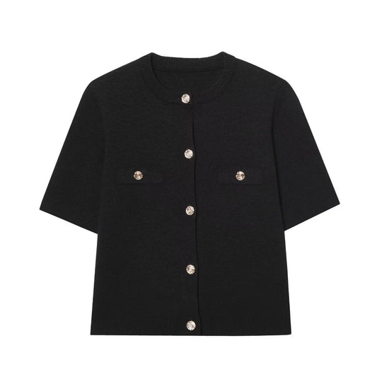 Short Sleeve Knit Top with Gold Button Accents: Black The Style Closet