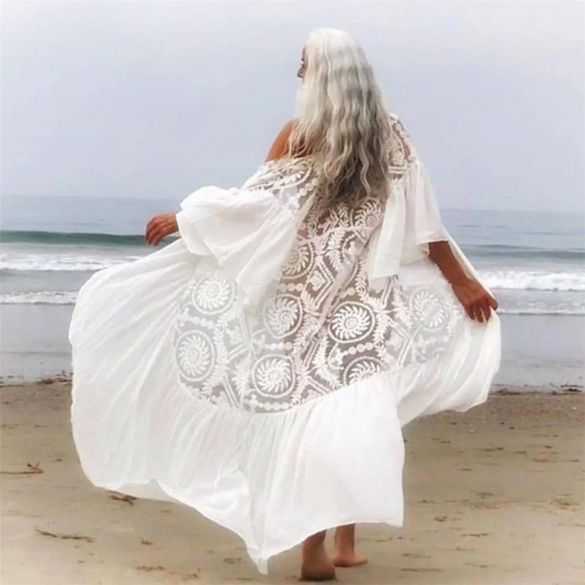 White Lace Crochet Beach Cover-Up Kimono The Style Closet