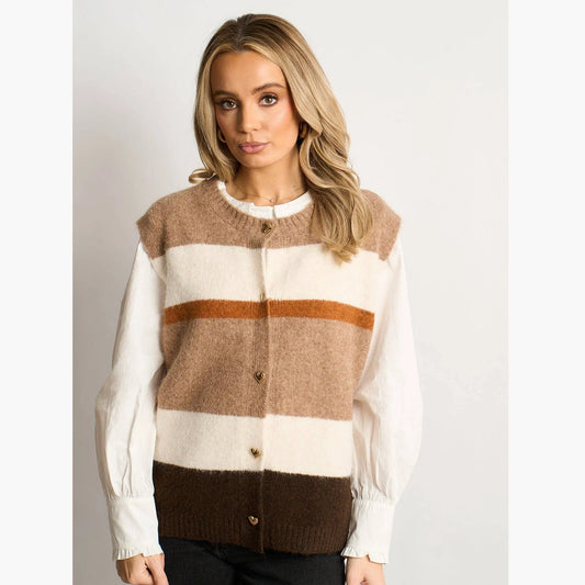 Heart Buttons Striped Sleeveless Vest in Neutral: One-size (UK 8-16) The Style Closet