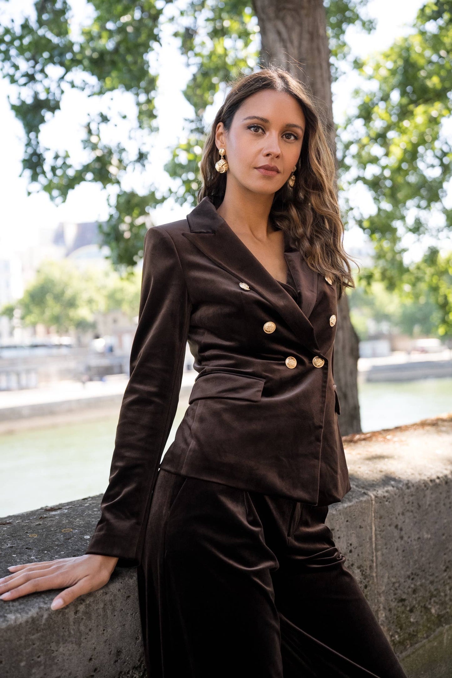 Double-breasted velvet blazer with gold buttons - Chocolate Brown