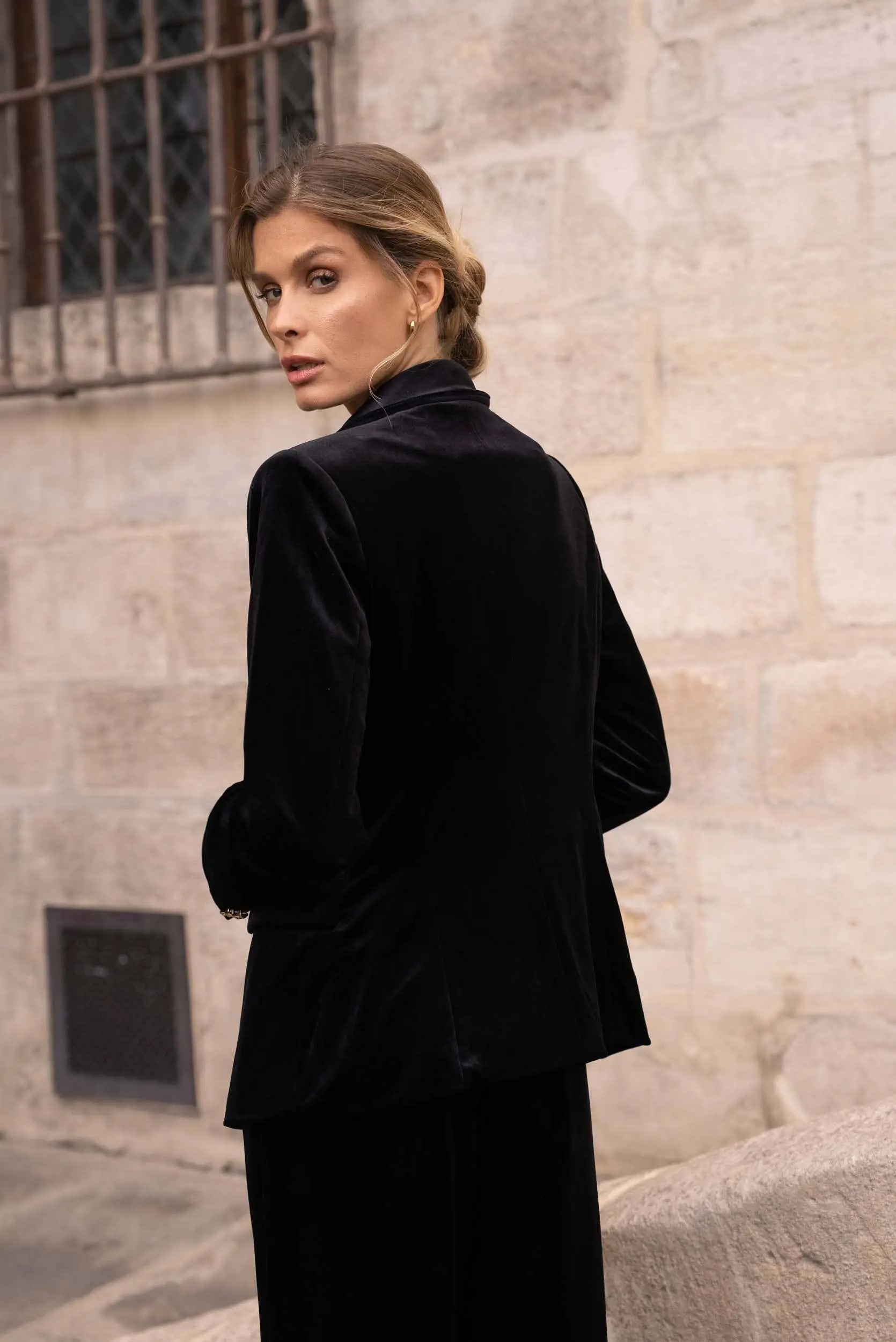 Double-breasted velvet blazer with gold buttons - KHAKI The Style Closet