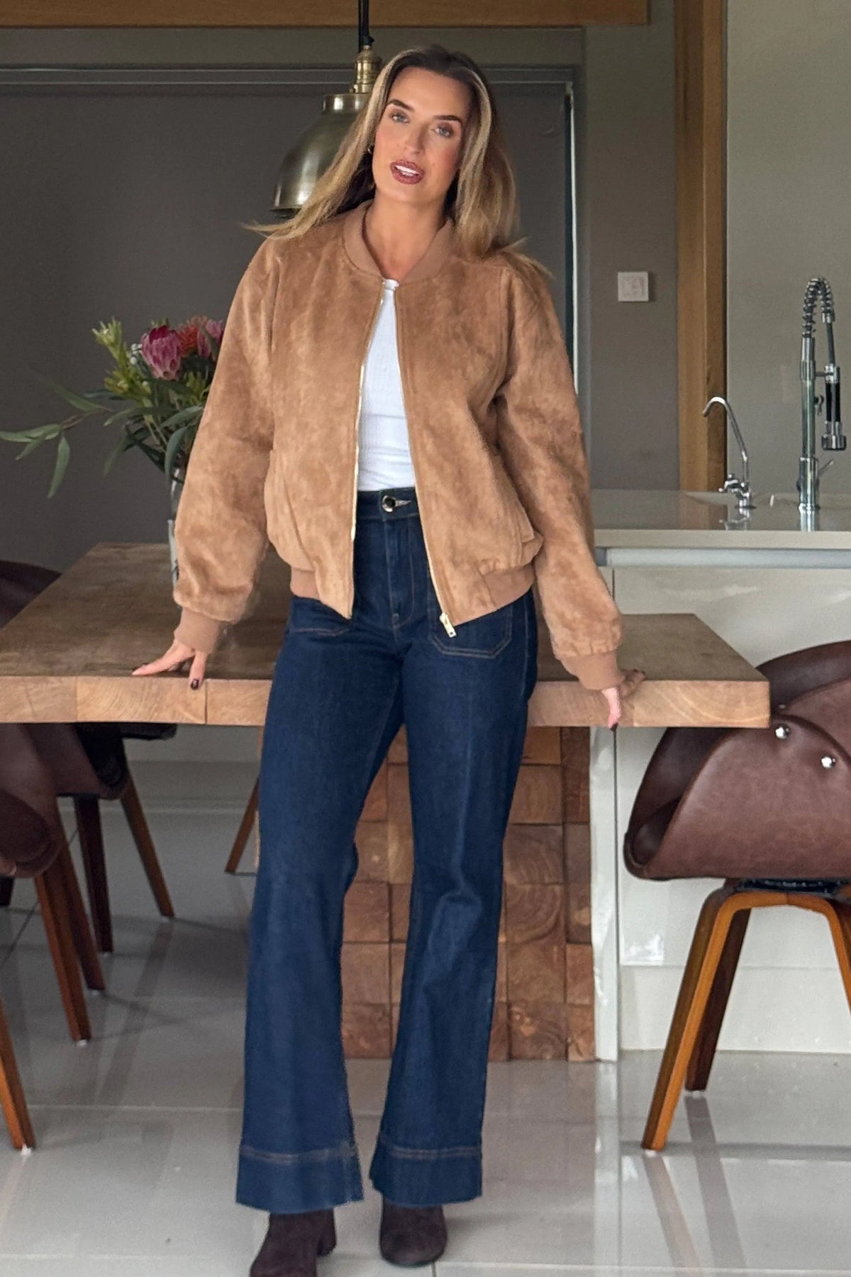 Arwen Suedette Classic Bomber Jacket Stone The Style Closet