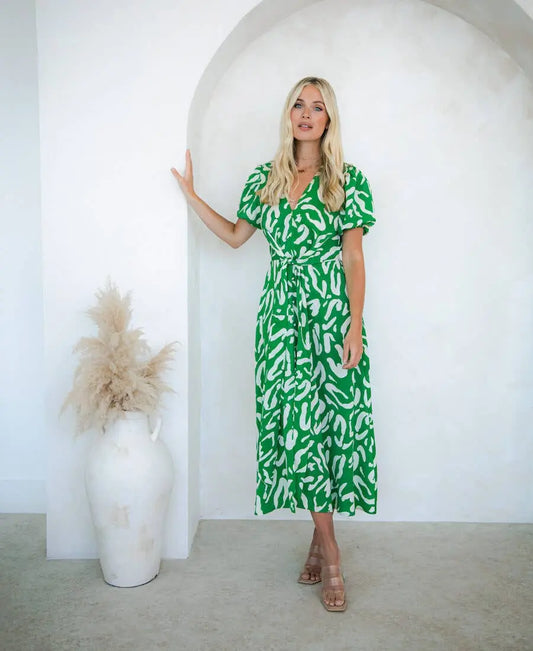 Green Animal Tie Front Midi Dress The Style Closet