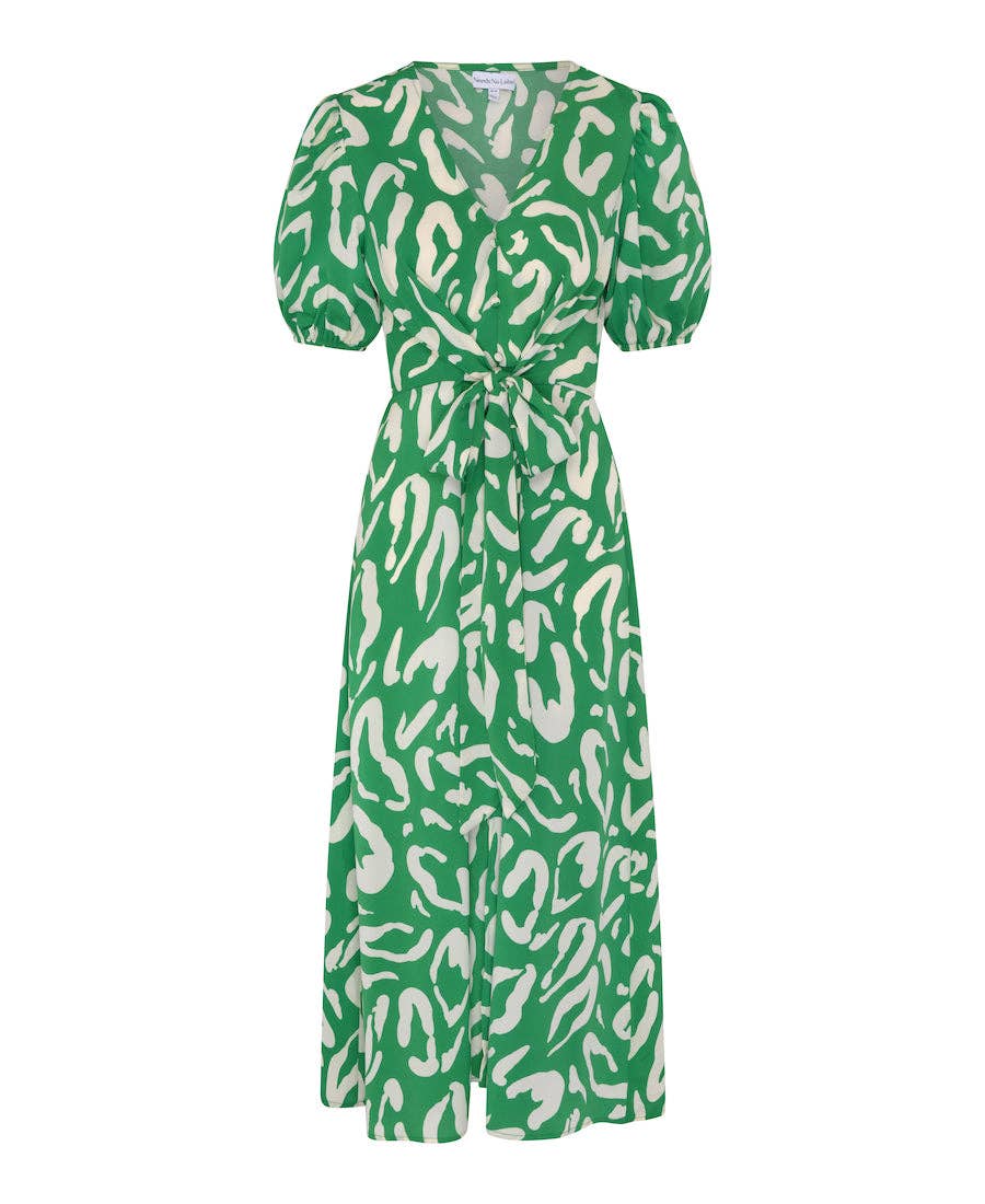 Green Animal Tie Front Midi Dress