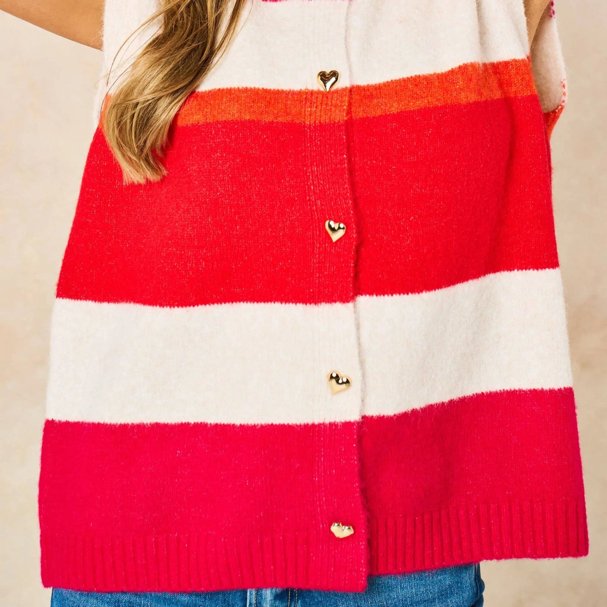Heart Buttons Striped Sleeveless Vest in Red: One-size (UK 8-18) The Style Closet