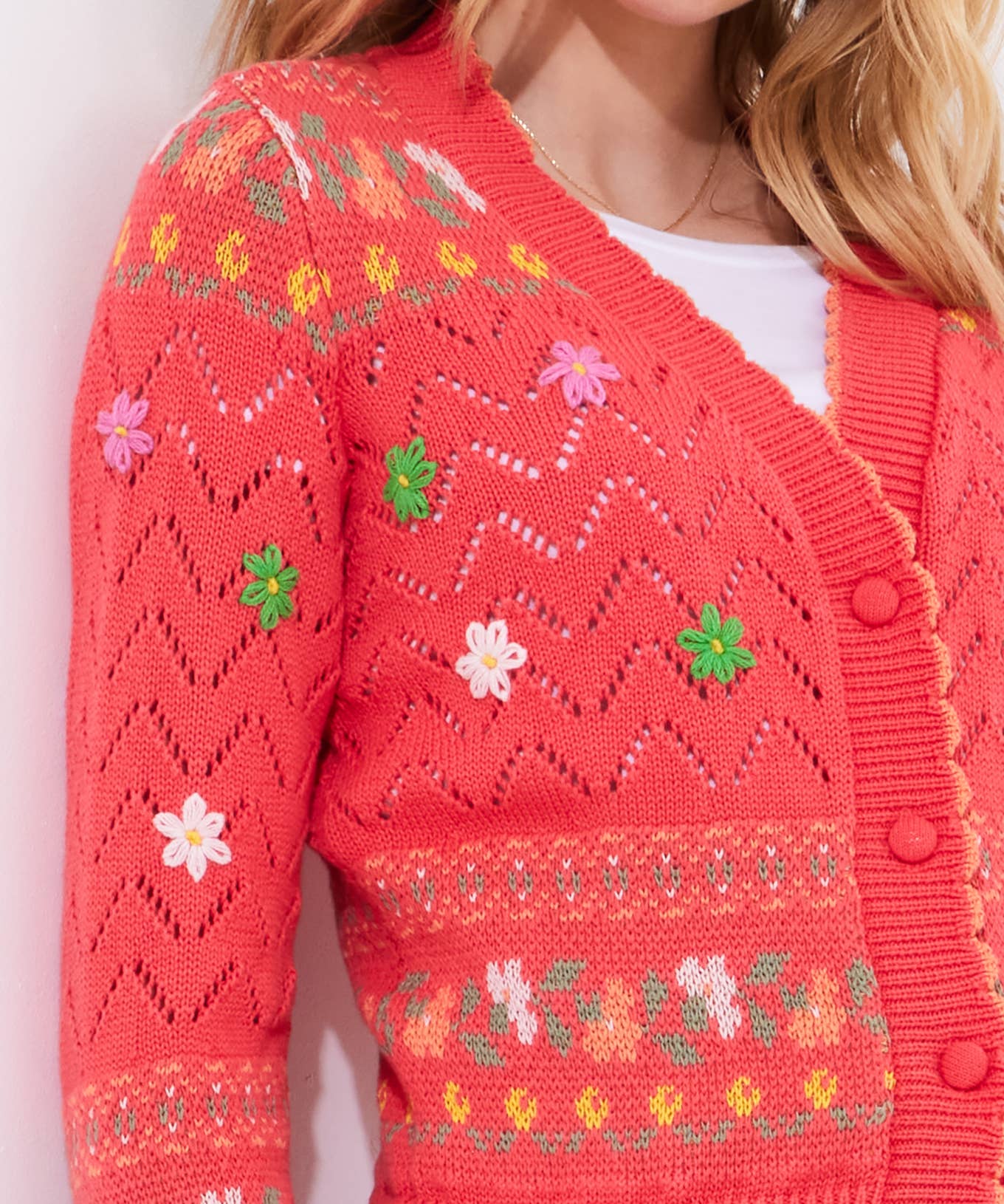 Florrie Floral Knitted Cardigan: Coral
