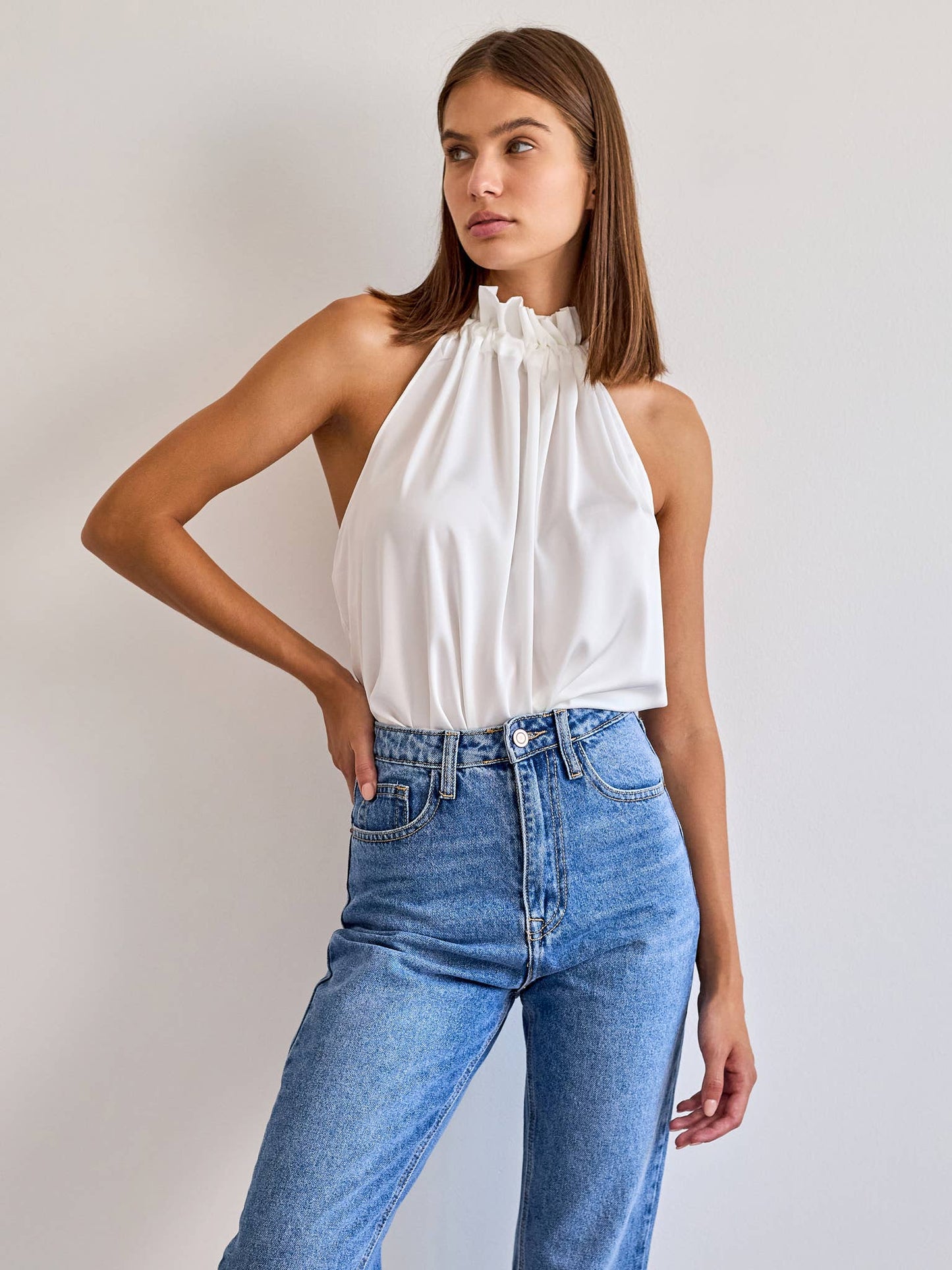 Satin Elisabeth top with bow at the collar - CHOCOLATE BROWN /KHAKI/IVORY