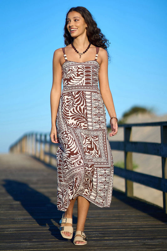 Brown Tile Print Maxi Dress With Bead Details: Brown