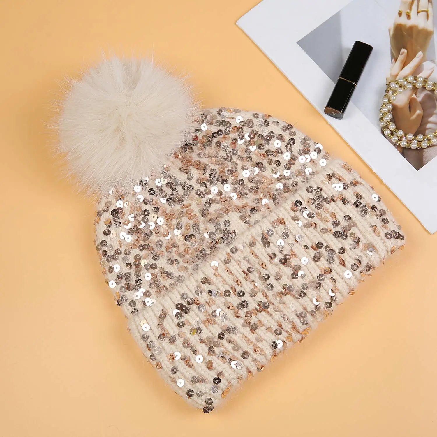 Sequins Pompom Hat and Gloves Set The Style Closet