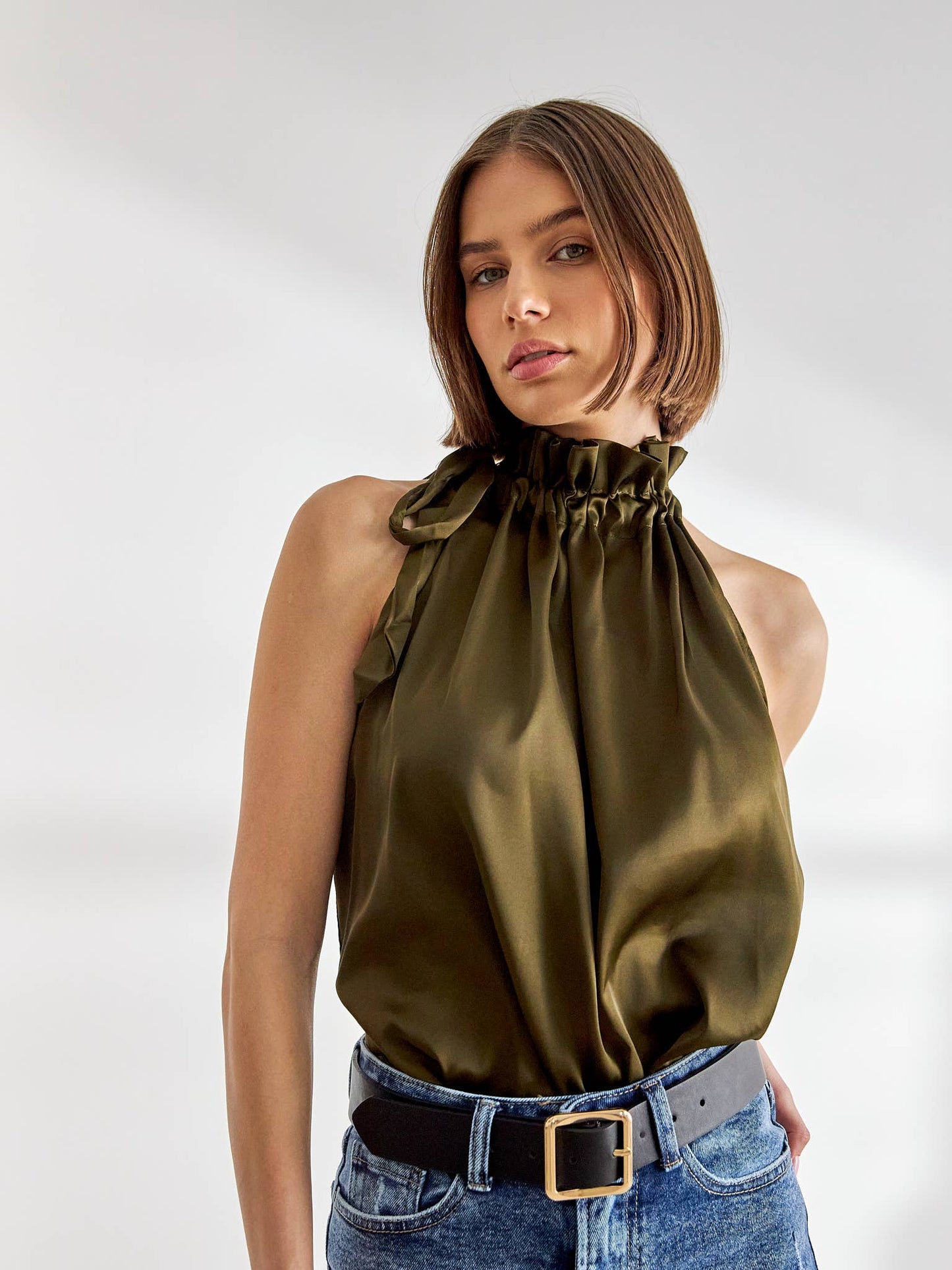 Elisabeth satin top with bow on the collar - CK08090: One size / Champagne