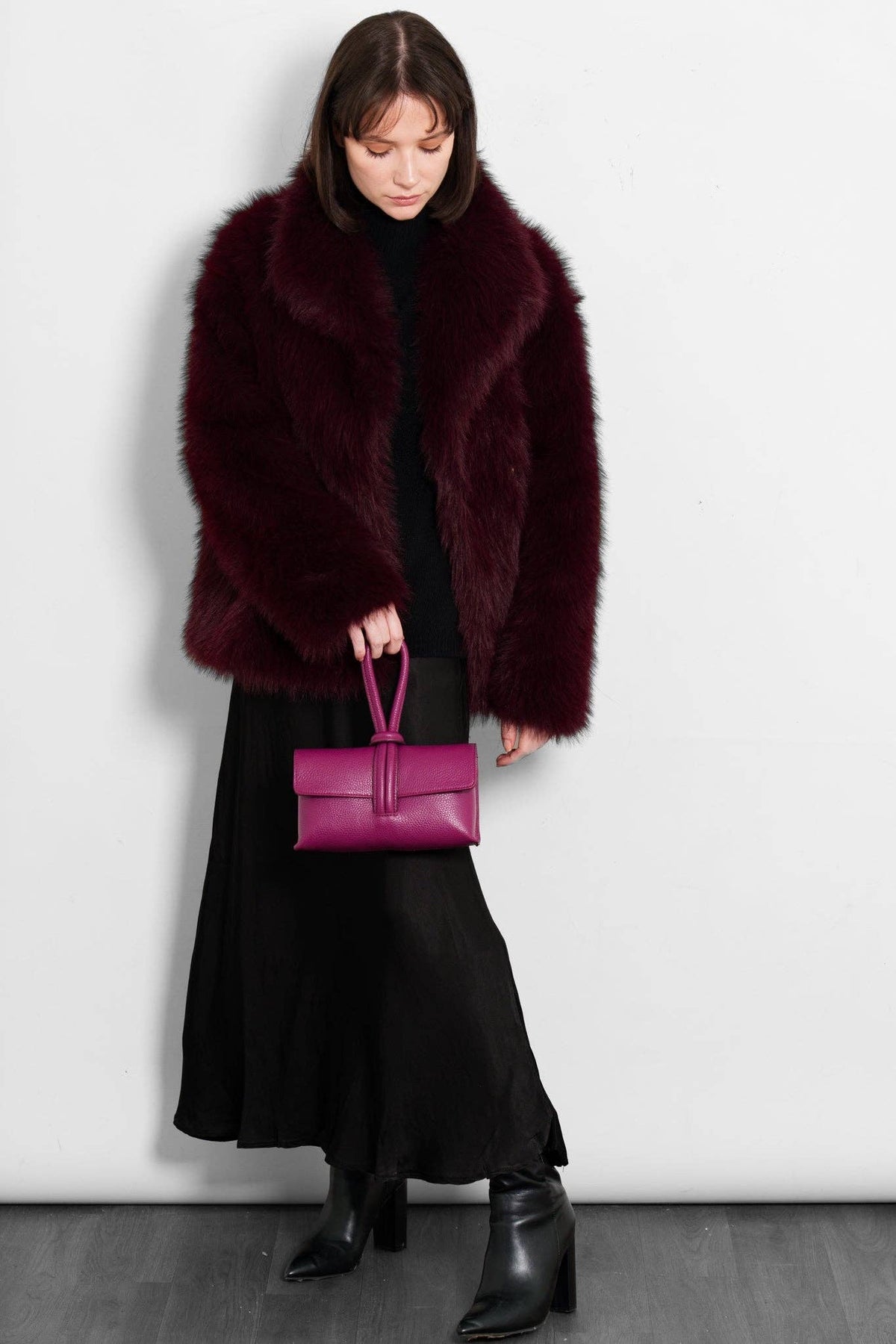 Monroe Shawl Collar Jacket- Berry, Faux Fur: Small (UK 8-10)