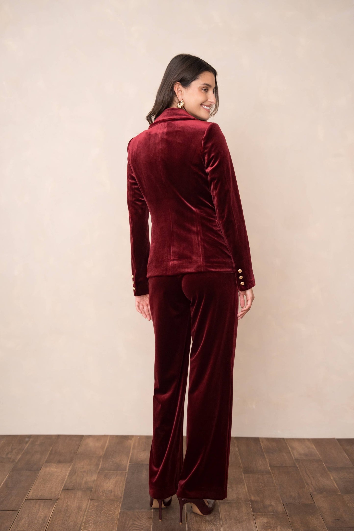 Double-breasted velvet blazer with gold buttons - Chocolate Brown