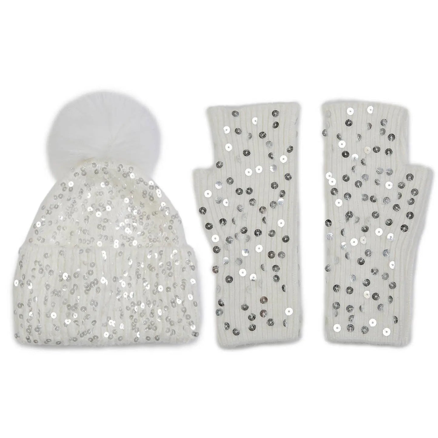 Sequins Pompom Hat and Gloves Set The Style Closet