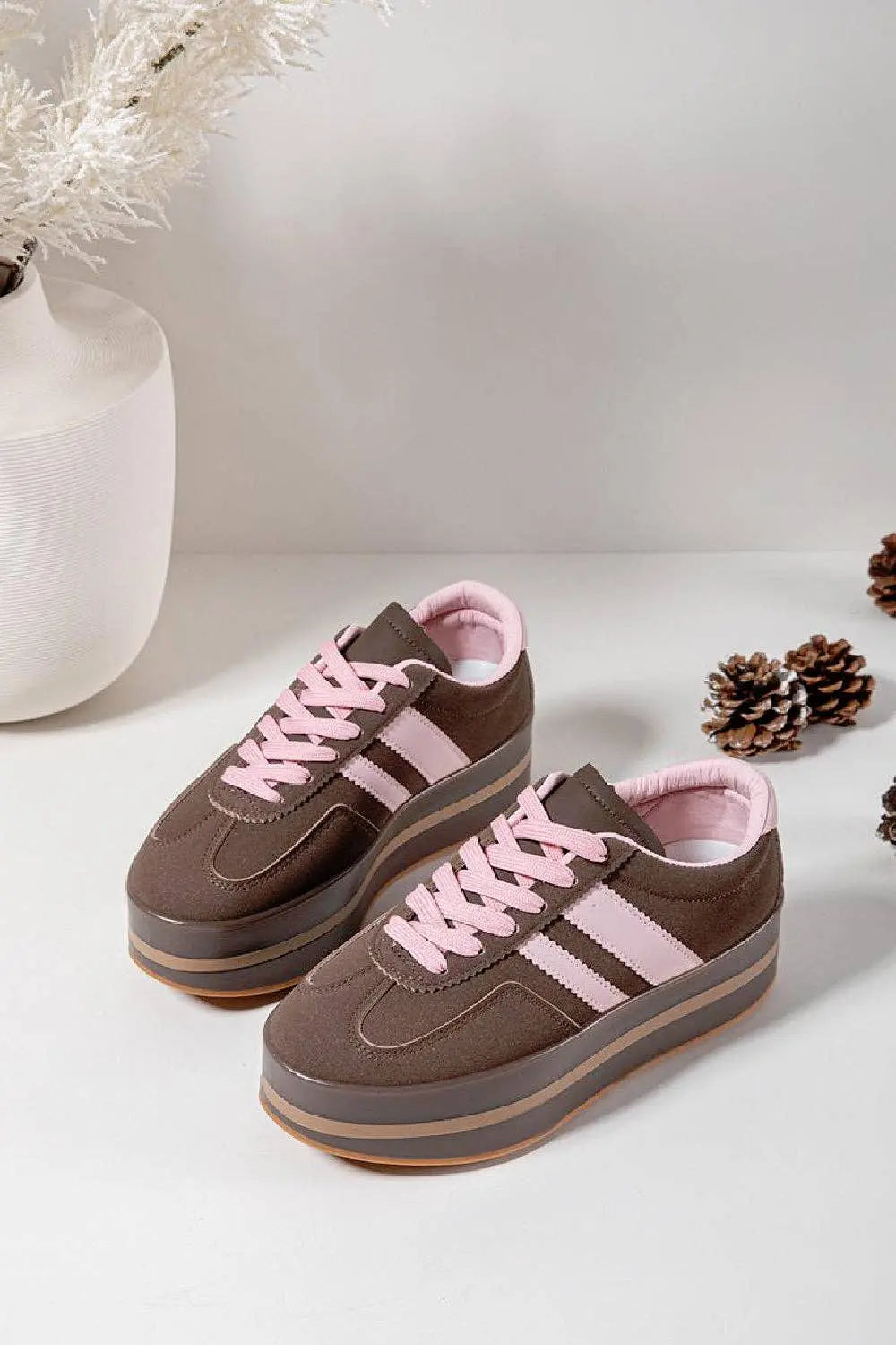 LACE UP CHUNKY PLATFORM SIDE DETAIL: BROWN /PINK The Style Closet