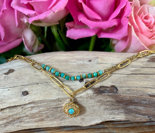 18ct Gold Plated Turquoise Double Chain Bracelet  The Style Closet