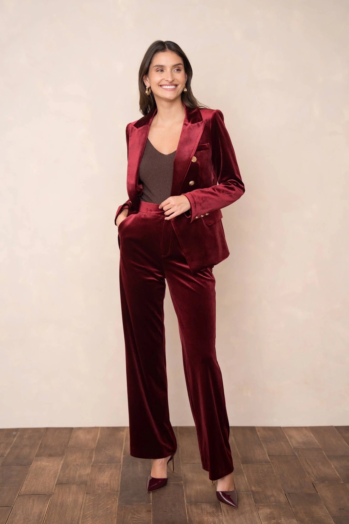 Double-breasted velvet blazer with gold buttons - V1721N: Khaki / 1S-1M-1L-1XL CHOKLATE PARIS