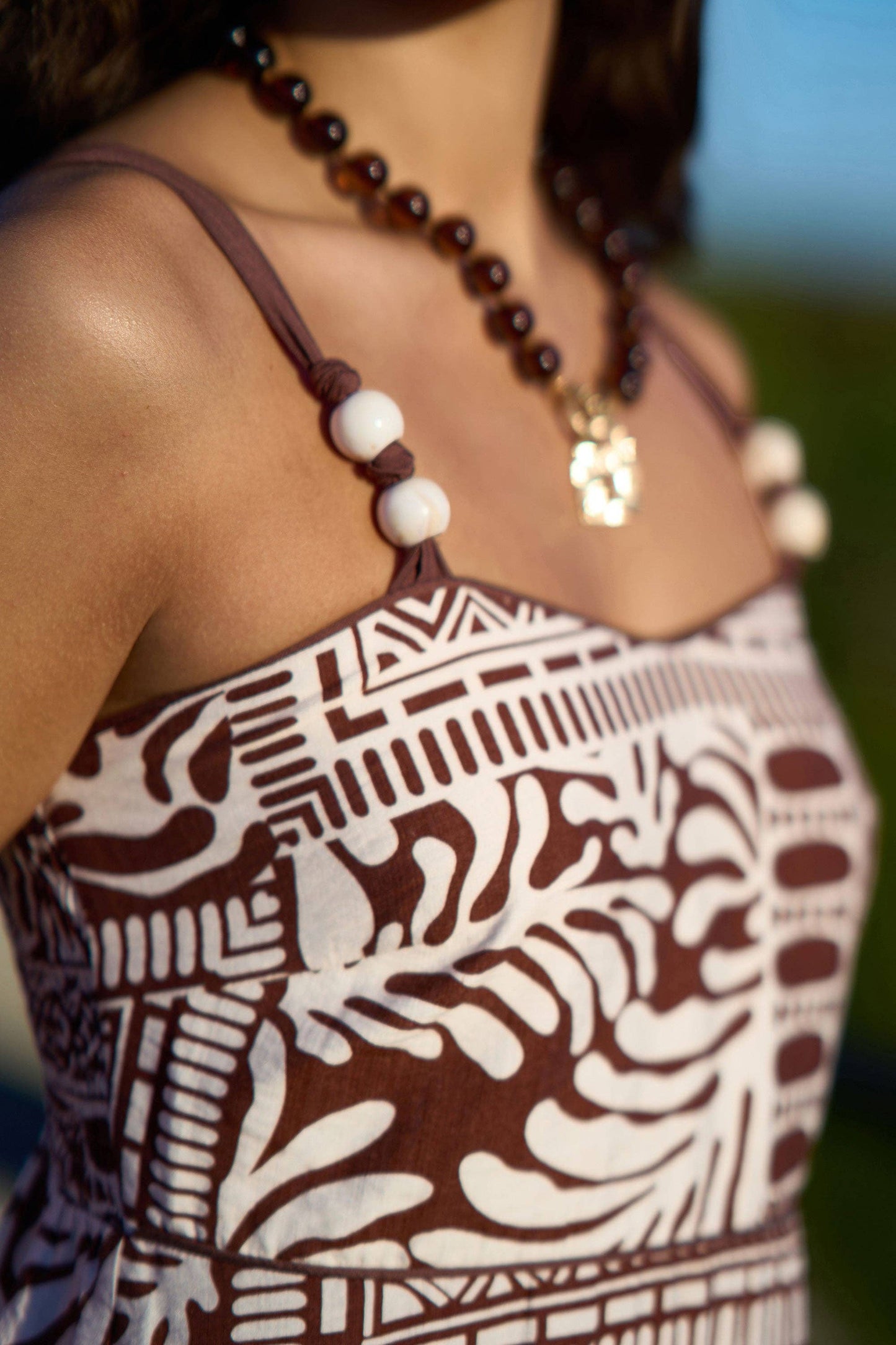 Yumi Brown Tile Print Maxi Dress With Bead Details: Brown / 14