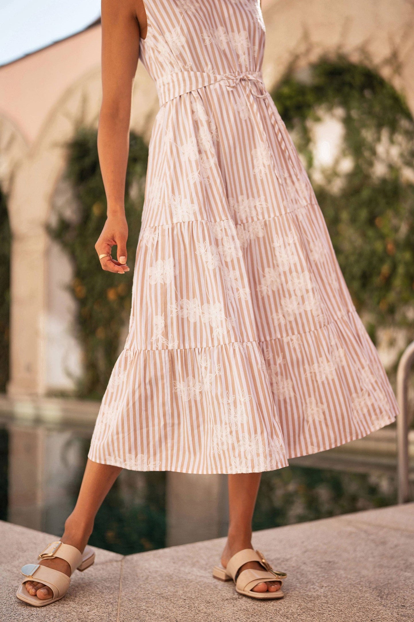 Yumi Brown Stripe With Embroidered Flower Cotton Dress: Brown / 14