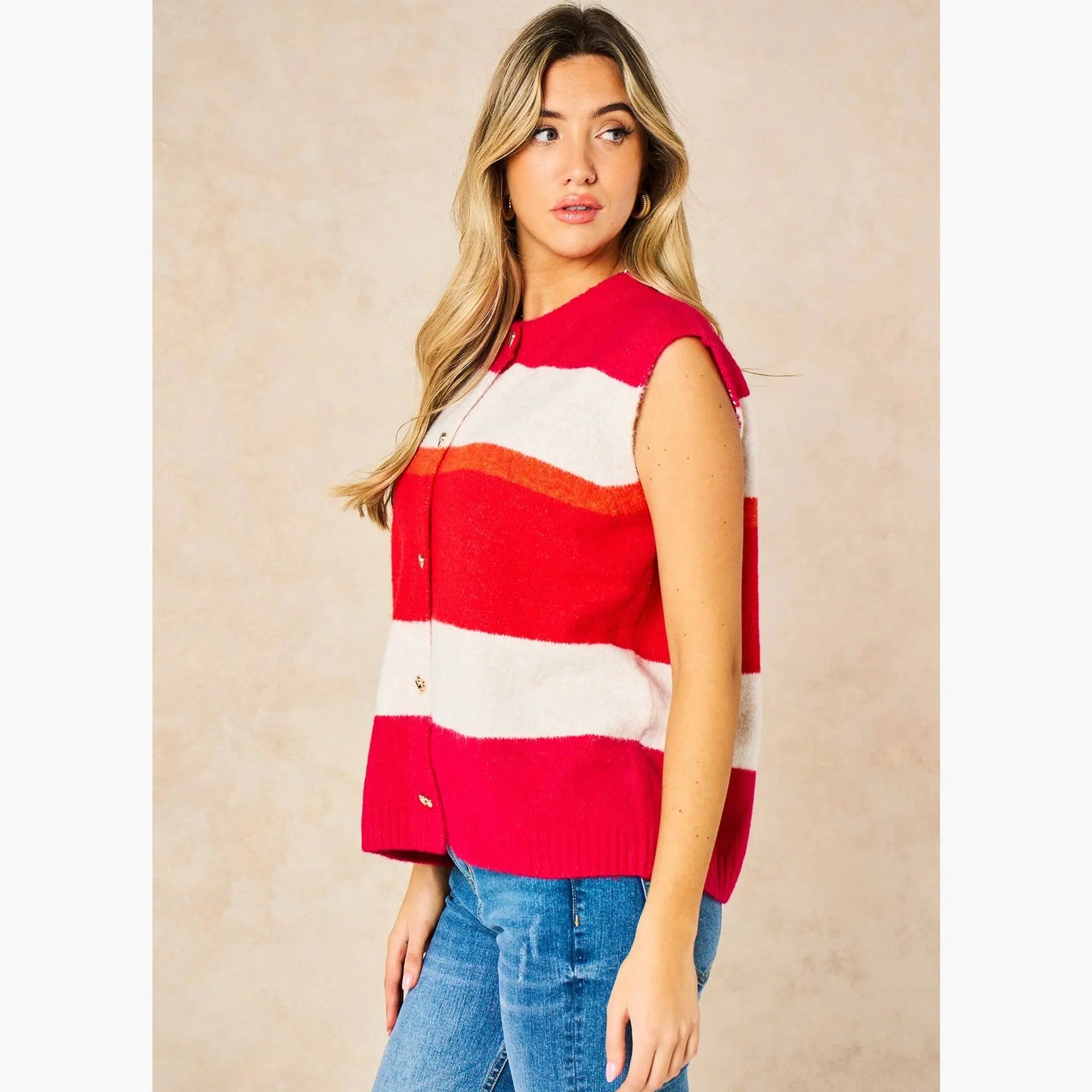 Heart Buttons Striped Sleeveless Vest in Red: One-size (UK 8-18) The Style Closet
