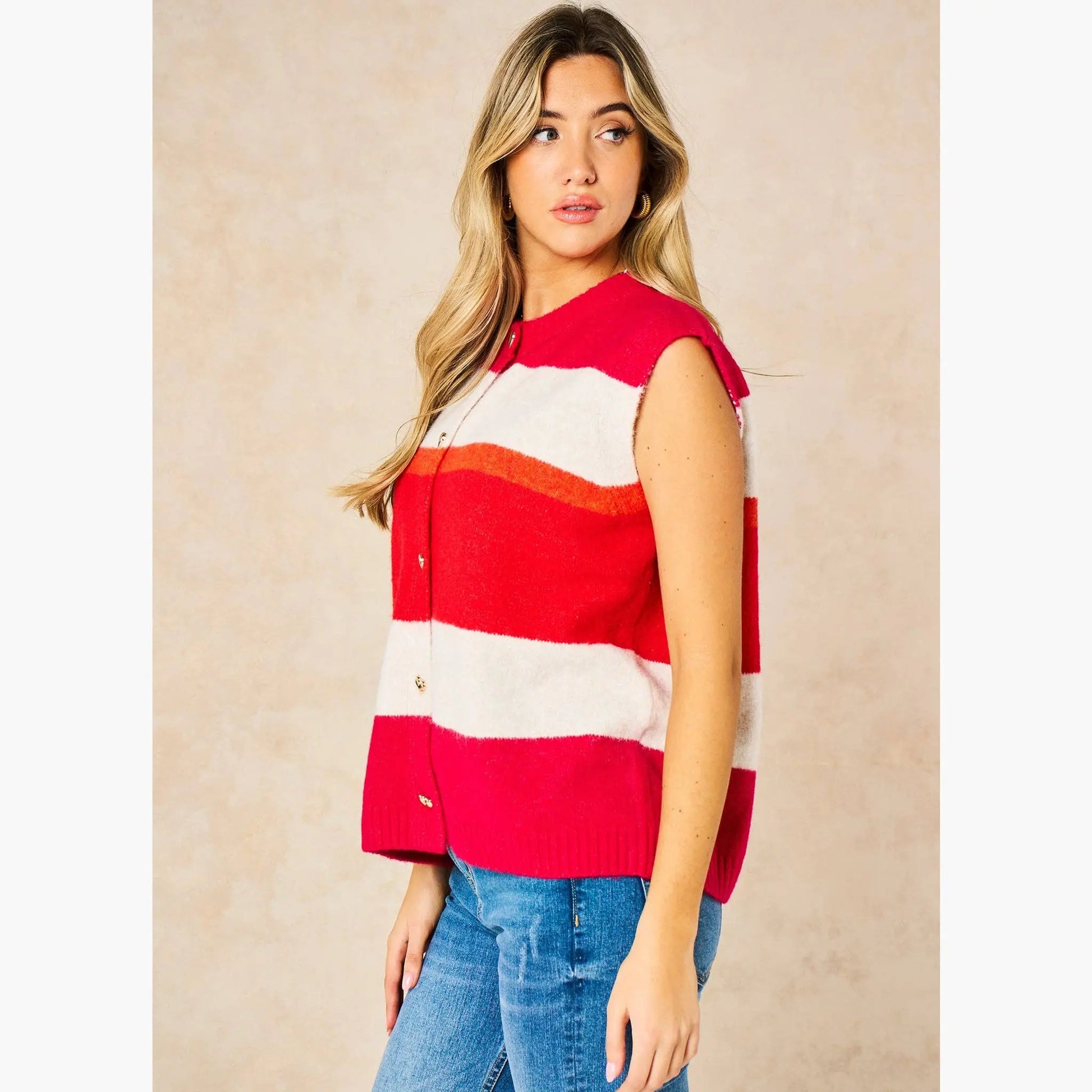 Heart Buttons Striped Sleeveless Vest in Red: One-size (UK 8-18) The Style Closet