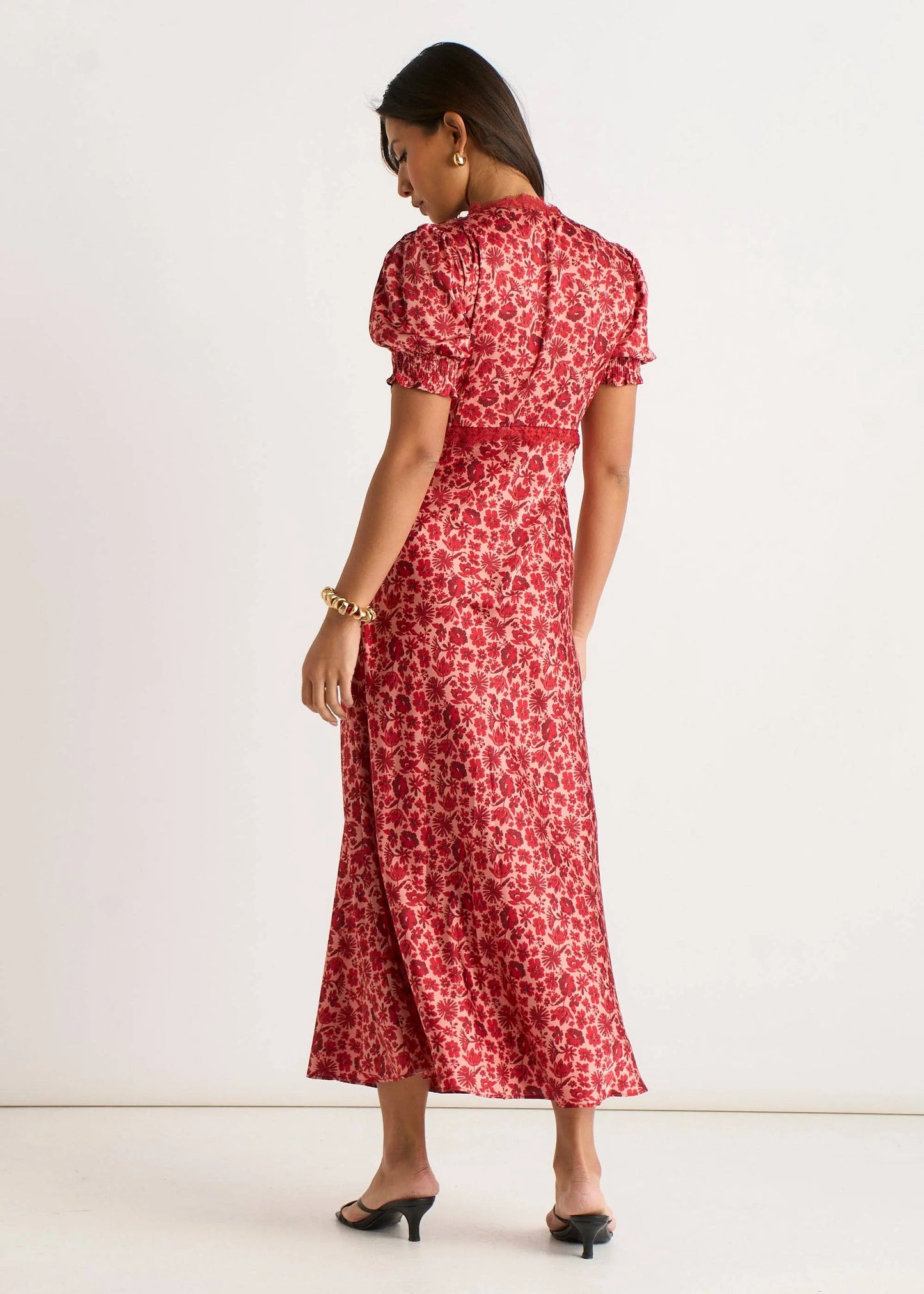 Red Floral Lace Trim V Neck Midi Dress The Style Closet