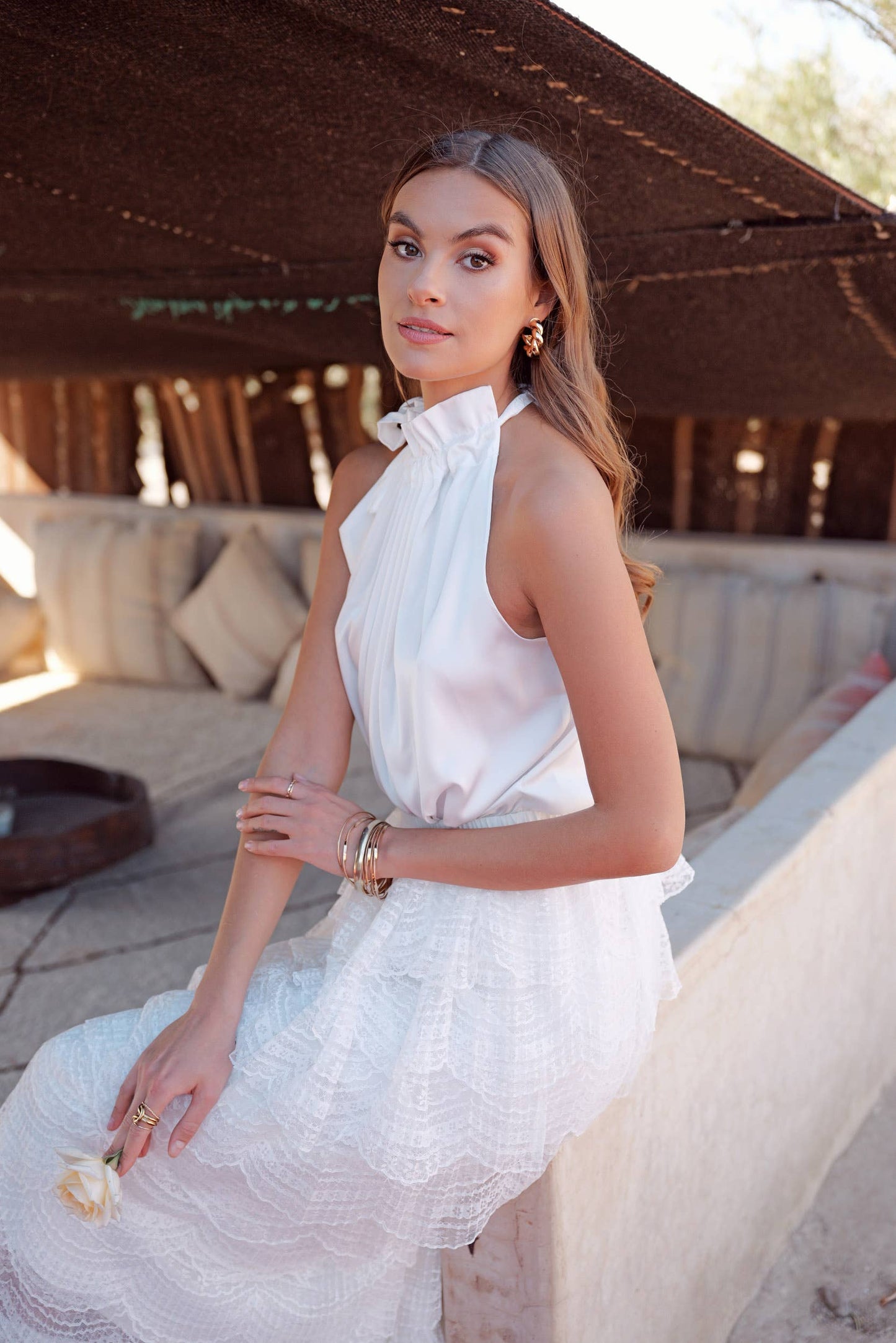 Satin Elisabeth top with bow at the collar - Khaki / One size