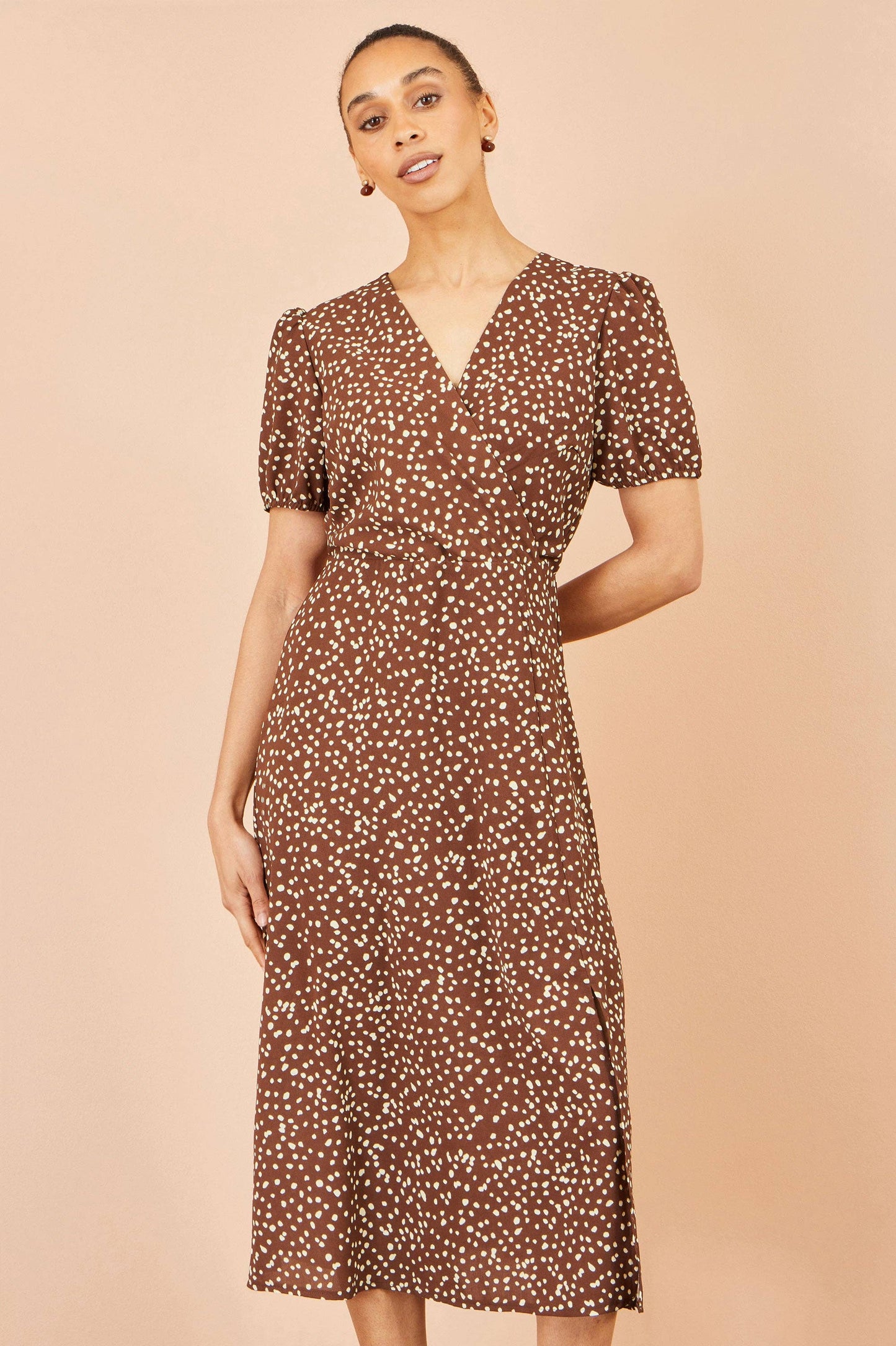 Yumi Brown Spot Midi Dress With Split Hemline: Brown / 10