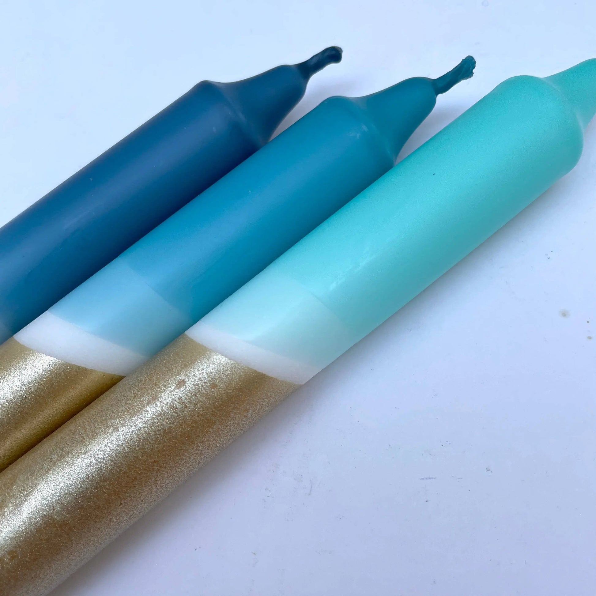 Teal, Hawaiian Blue, Turquoise & Gold Dip Dye Dinner Candles The Style Closet
