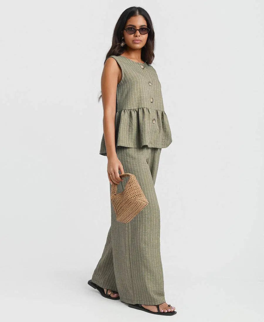 Khaki Stripe Wide Leg Trousers: M Needs No Label
