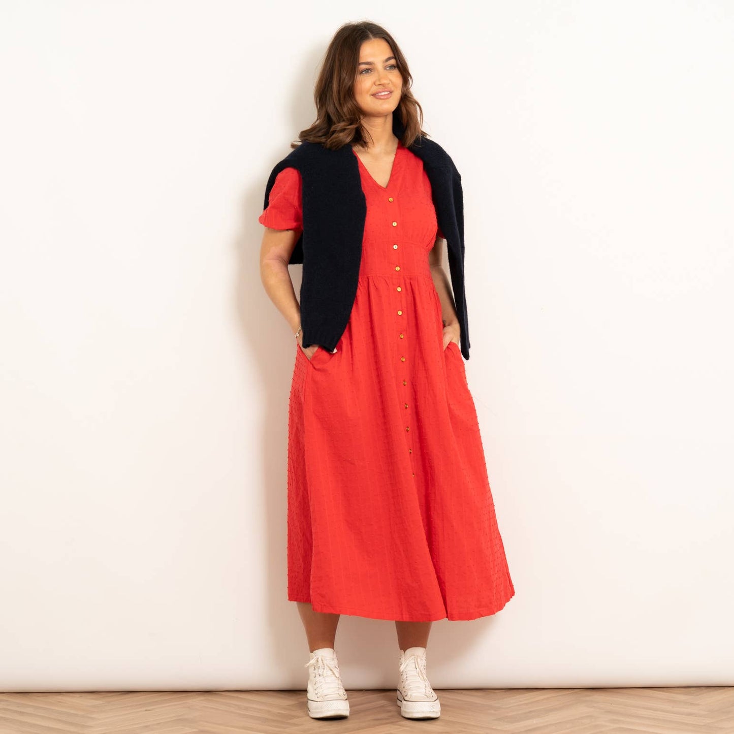 Poppy Cotton Button Down Midi Tea Dress - Red