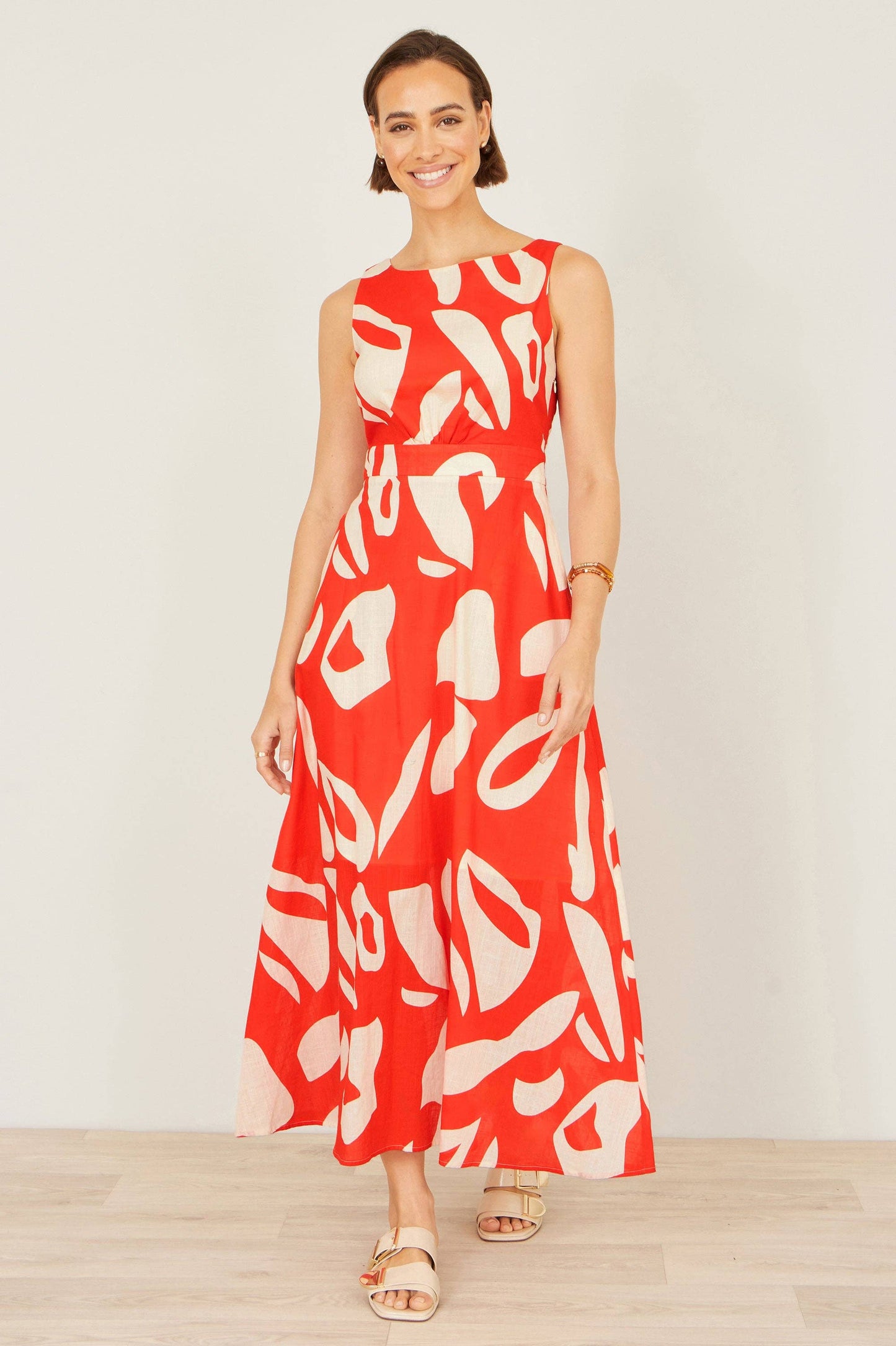 Yumi Orange Abstract Maxi Dress With Tie Back: Orange / 8