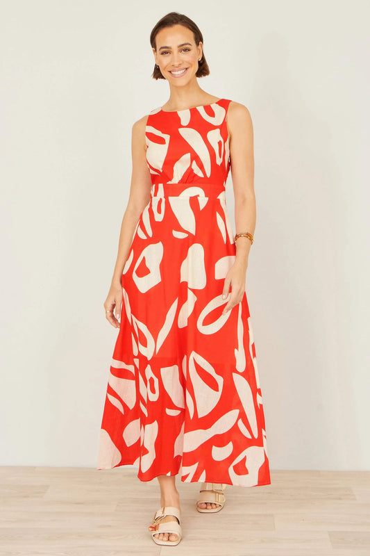 Yumi Orange Abstract Maxi Dress With Tie Back: Orange / 8 Yumi