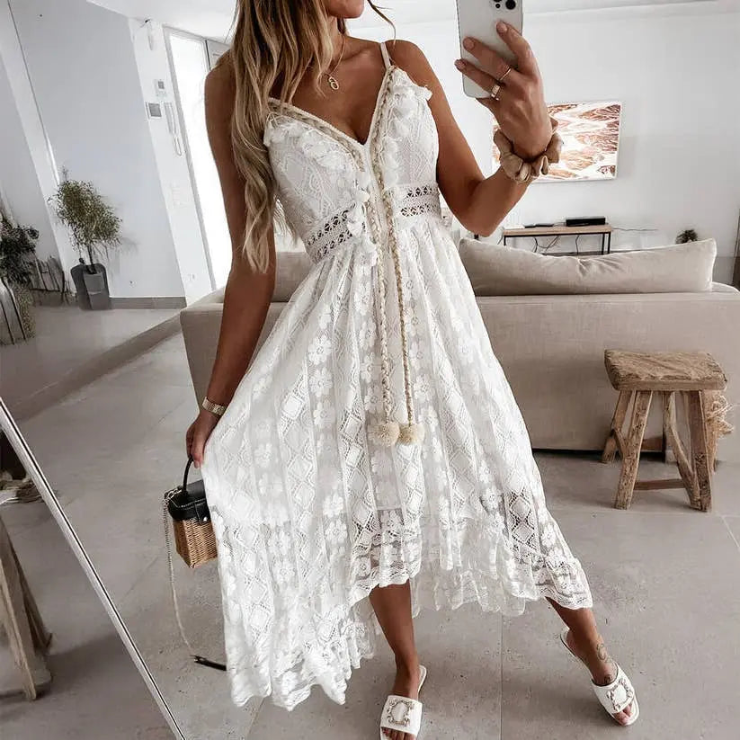 Tassel Detail White Boho Lace Beach Dress Cover-Up The Style Closet