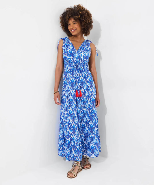 Santorini Blues Tie Shoulder Cotton Maxi Dress - The Style Closet