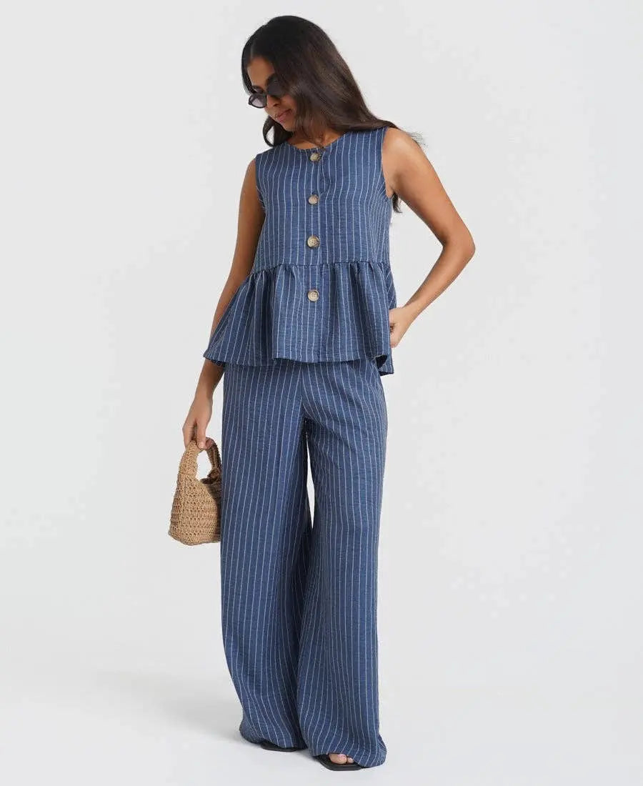 Blue Stripe Peplum Top: M Needs No Label